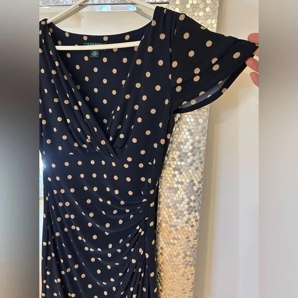 Vtg Ralph Lauren Navy & Camel Preppy Polkadot Coquette Midi Dress (Like New) - Picture 1 of 10